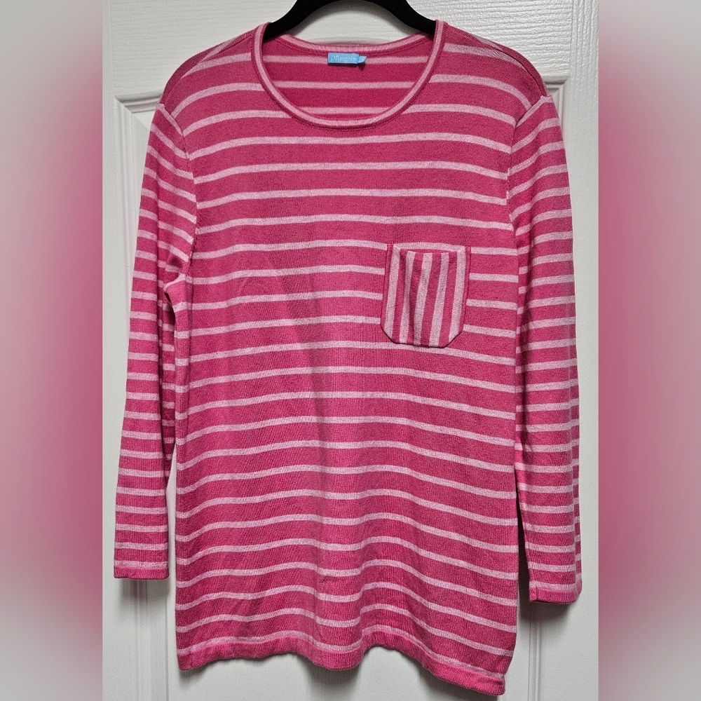 J.McLaughlin Pink Stripe Top L Long Sleeve Pocket Preppy Casual.